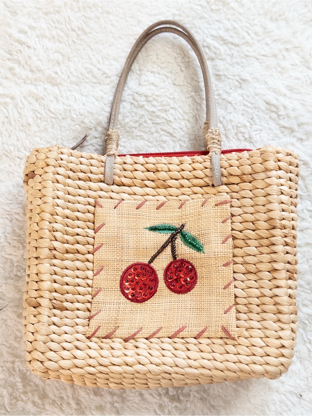 Vintage Y2K Xhilaration Cherry Straw Tote Bag Sequin Purse - Picture 2 of 7